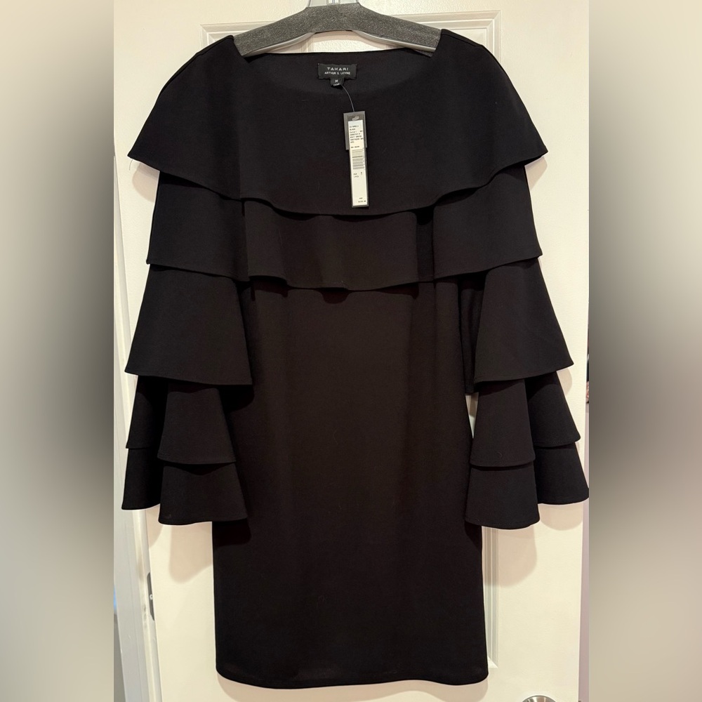 NWT TAHARI Elegant Black Ruffle Dress Size M